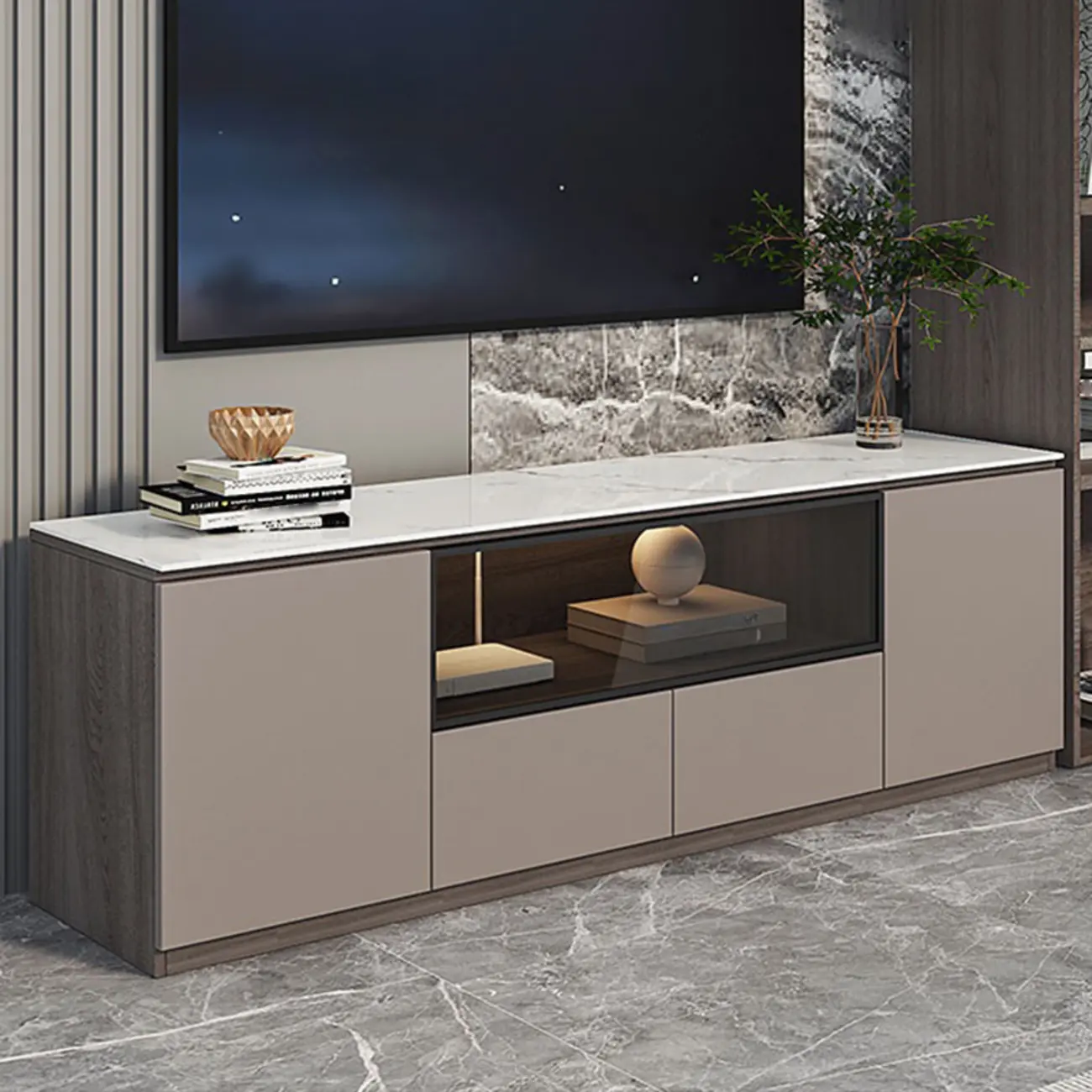 94 Dark Gray Stone Long Cabinet TV Stand with LED Lights