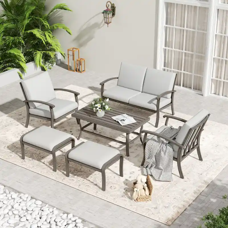 6-Piece Aluminum Patio Conversation Set with Coffee Table, Loveseat, Ottoman and Light Gray Cushions