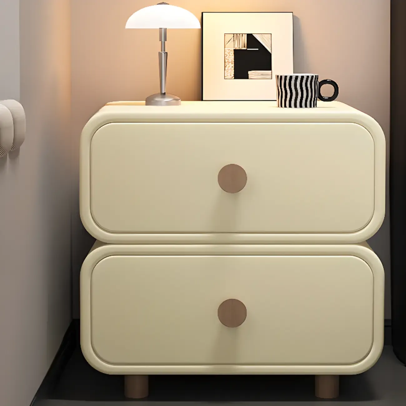 Solid Wood Leather-Top Black 2 Tiers Drawer Nightstand