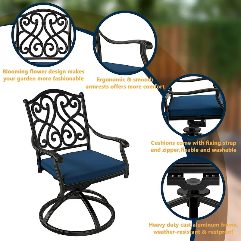 Patio Cast Alum Carved Swivel Dining Chairs with Cushions(Set of 2)