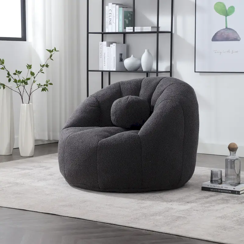 HOMEFUN Boucle Upholstered Round Lazy Cozy Bean Bag Chair With a Pillow