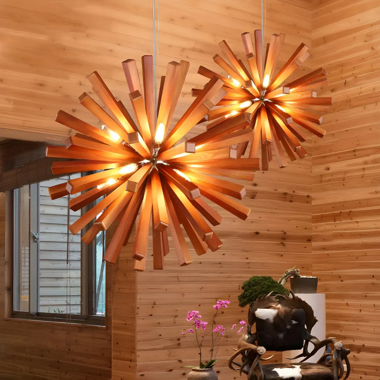 10-Light Modern Dark Wood Round Starburst Chandelier