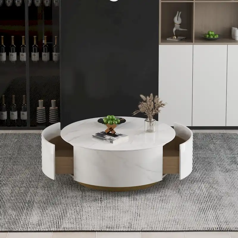 Modern Drum Coffee Table with Oak Veneer, Sintered Stone Coffee Table with 2 Solid Wood Drawers