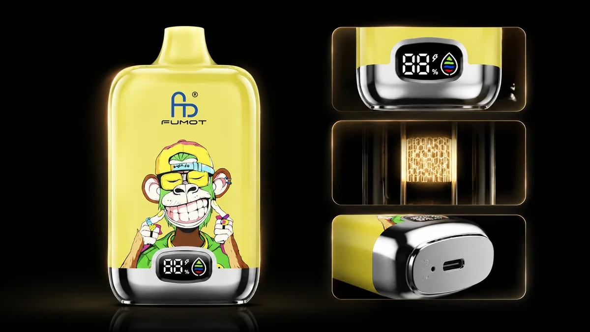 Fumot Digital Box 12000 Juicy Fruit Gum Vape Funktionsdetails mit Display, Mesh Coil und Ladeanschluss