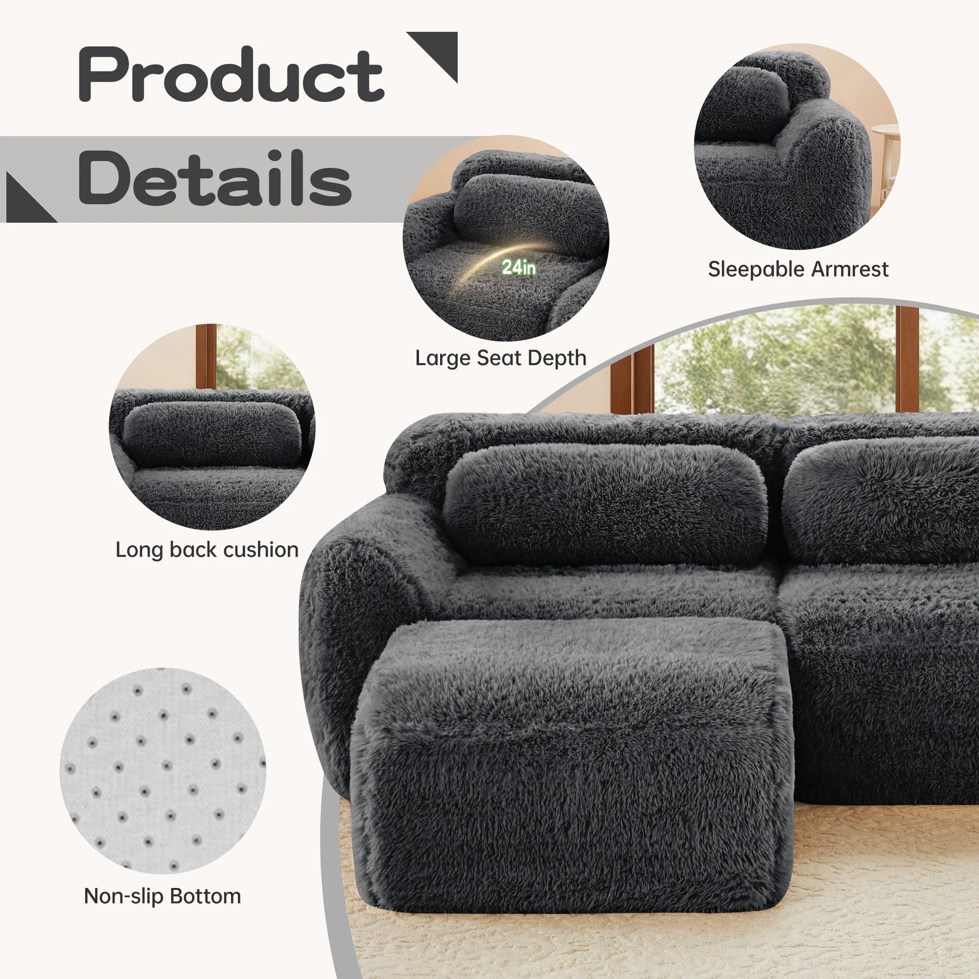 Soft Teddy Plush Ergonomic Design L-shaped Loveseat Sofa with Ottoman