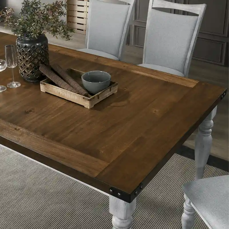 Roundhill Furniture Salines 7 Piece Dining Table Set with 6 Upholstered Chairs, Rustic White and Oak