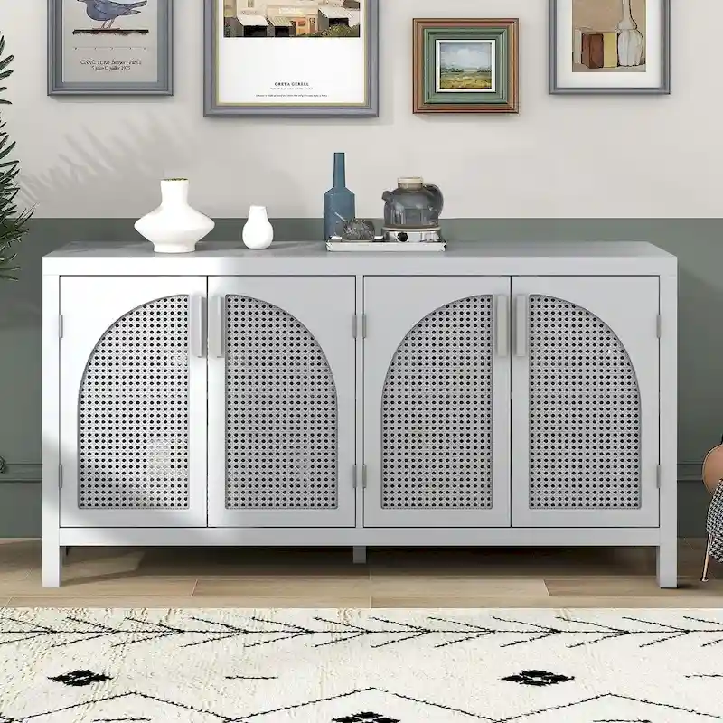 Modern Farmhouse Style Sideboard with Four Artificial Rattan Decorated Doors