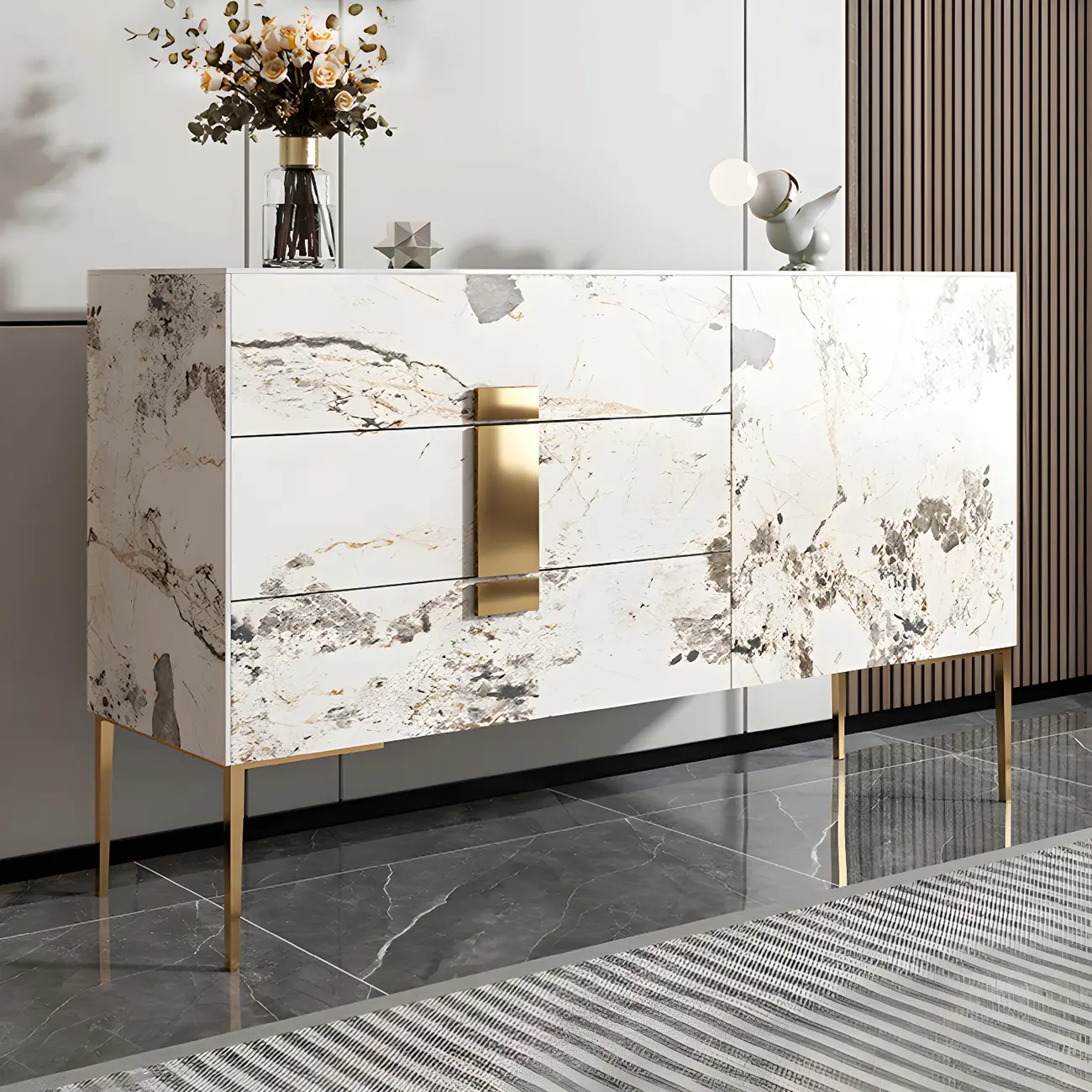 Artistic White Stone Top Buffet Table with Drawers