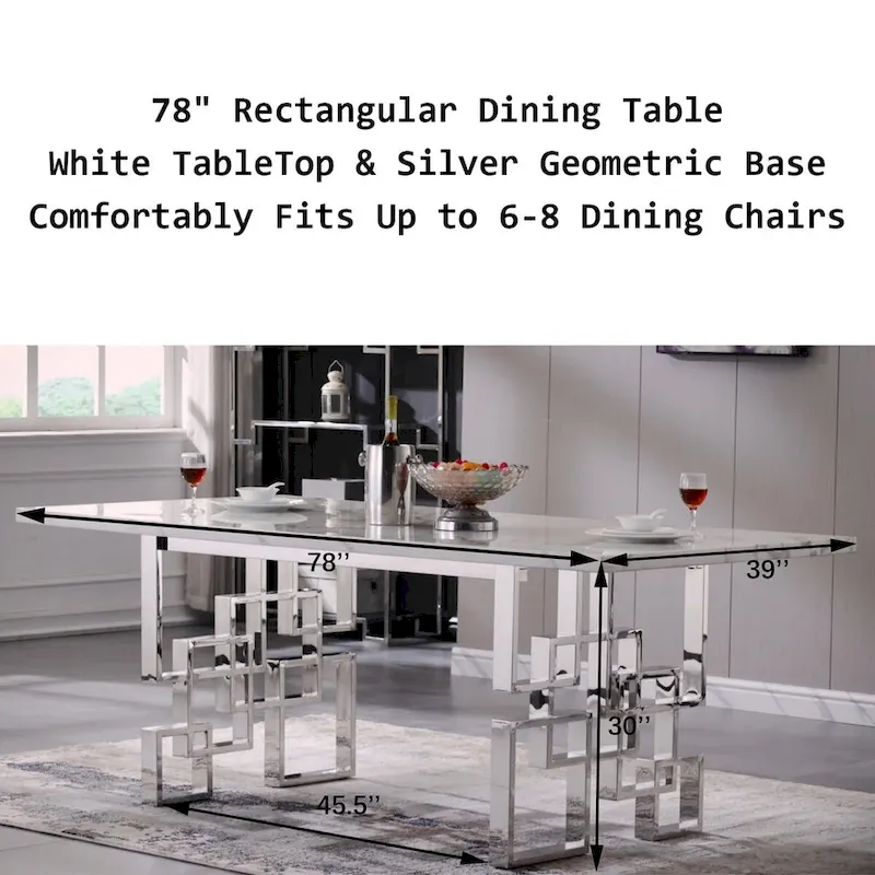 Luxury White Faux Marble Dining Table with 78 inch Top and Metal Base
