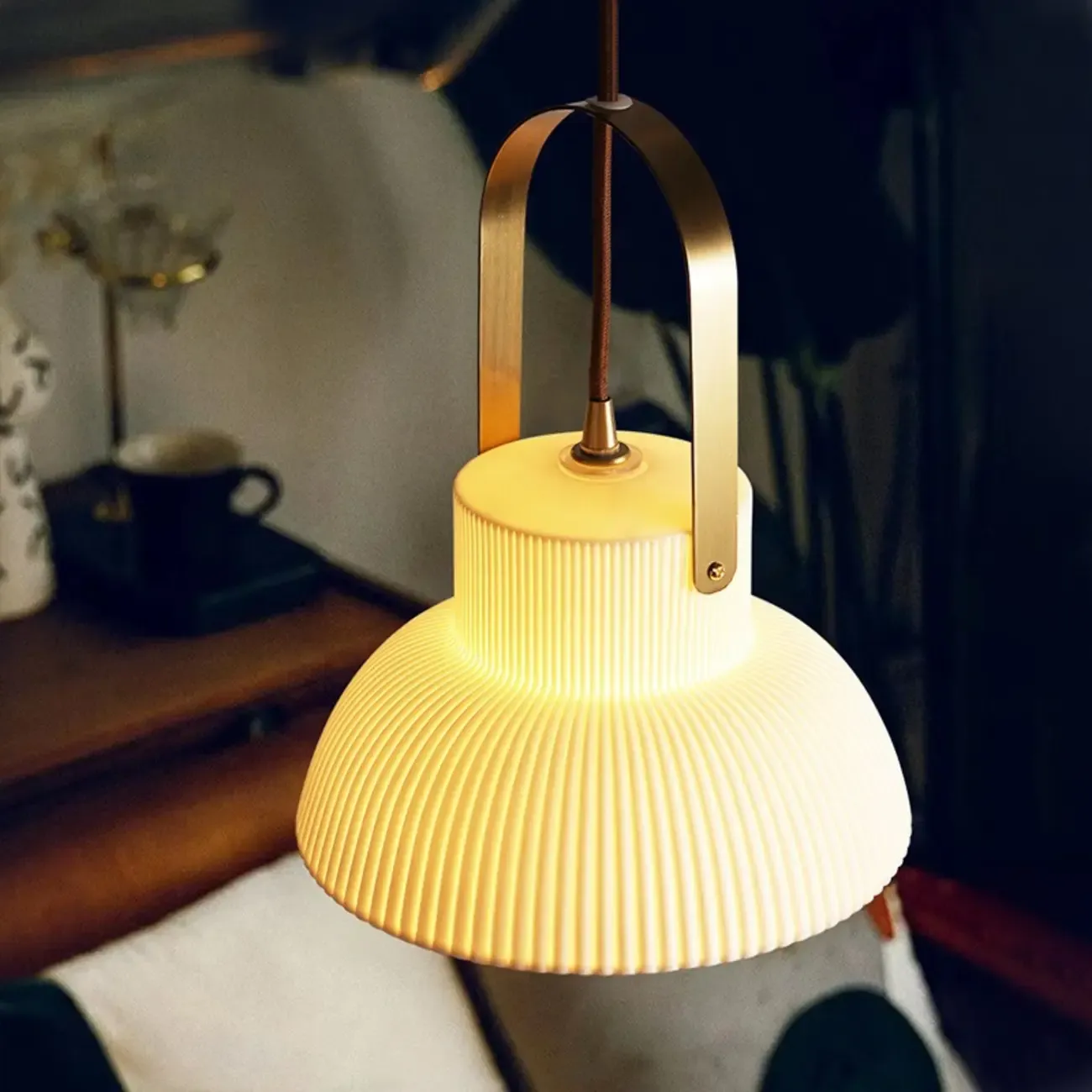 Modern Gold Metal Ribbed White Ceramic Pendant Light