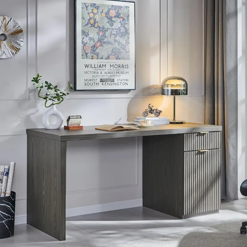 60 Modern Executive Desk, Wood Home Office Desk, Fluted Computer Desk