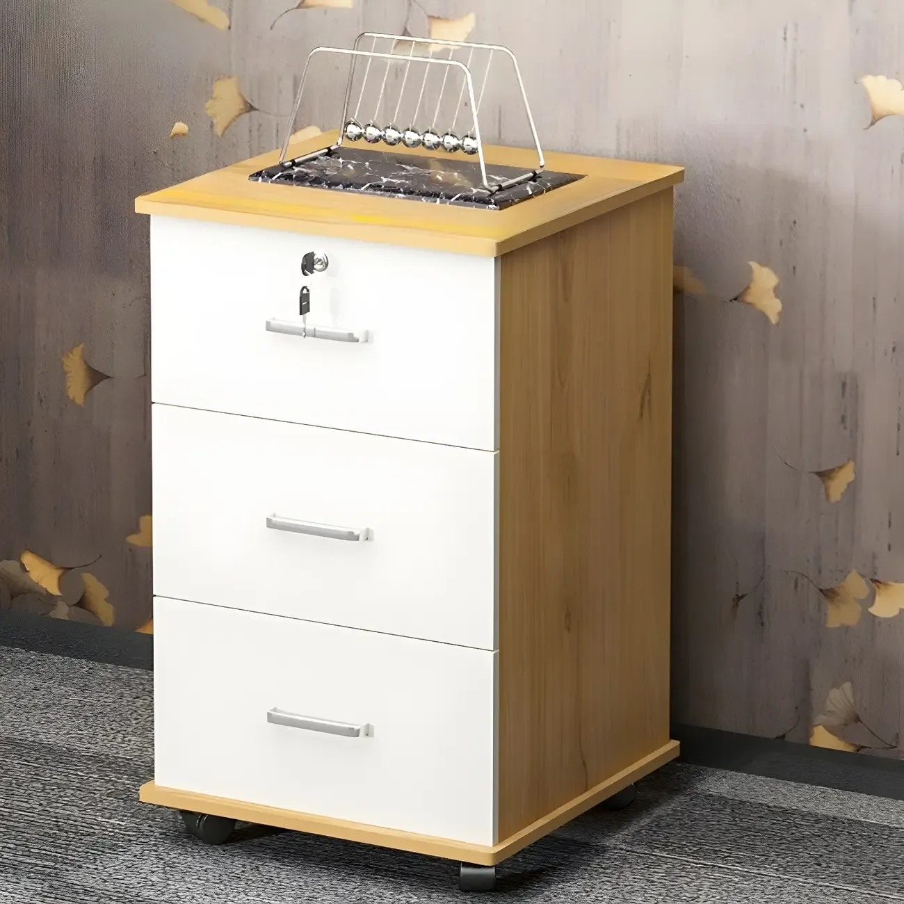 Lokable Brown-White Wood 3 Drawers Mobile Filing Cabinet