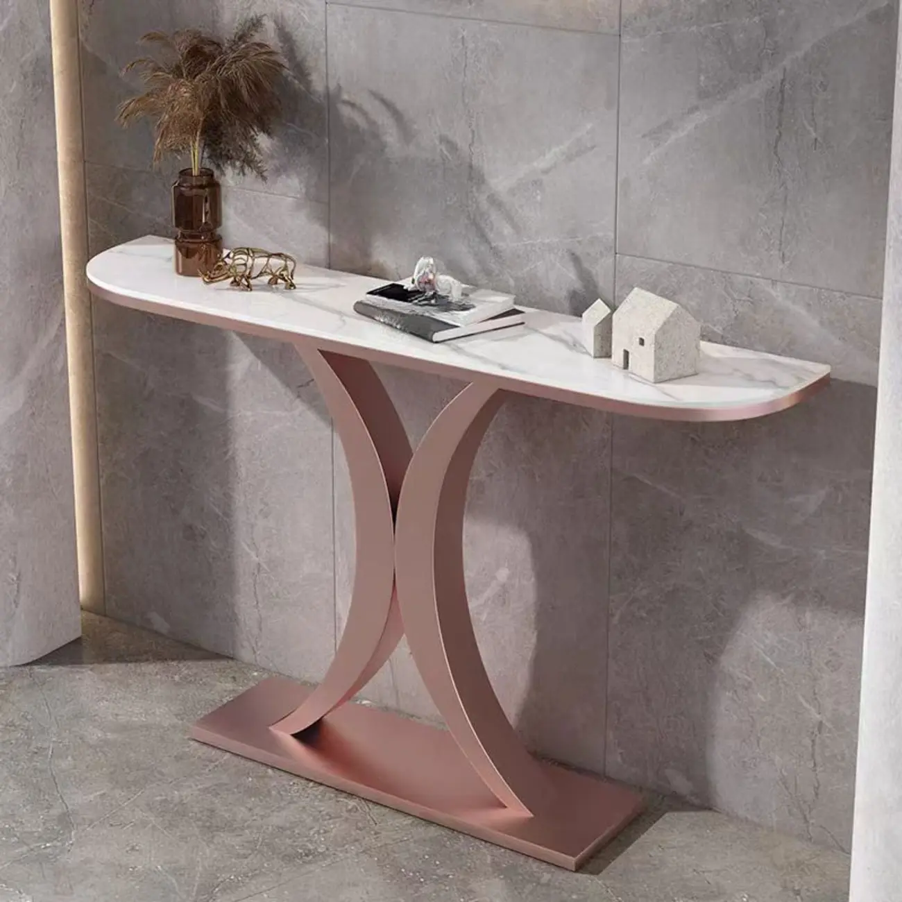 White Half-Circle Stone Rose Gold Entryway Console Table