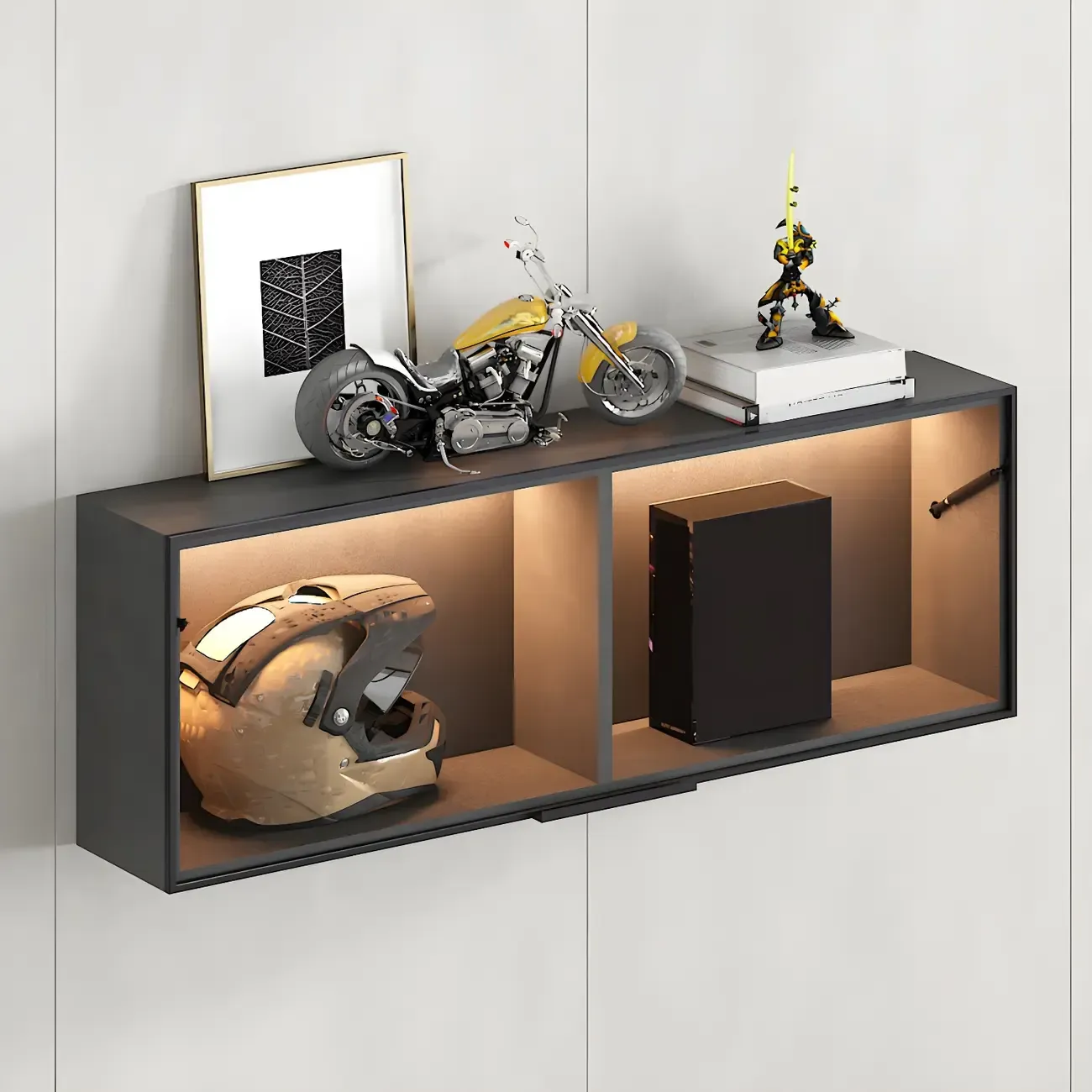 Black Wall Mount Wood 2-Cube Display Cabinet with Light