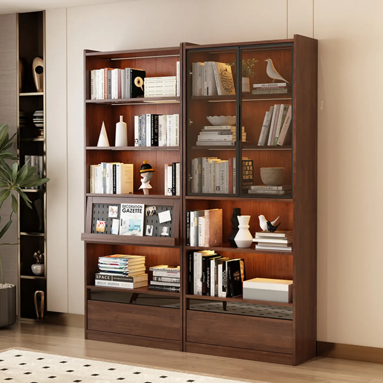 Mid Centyury Tall Brown Vertical Wood Bookcase with Drawers