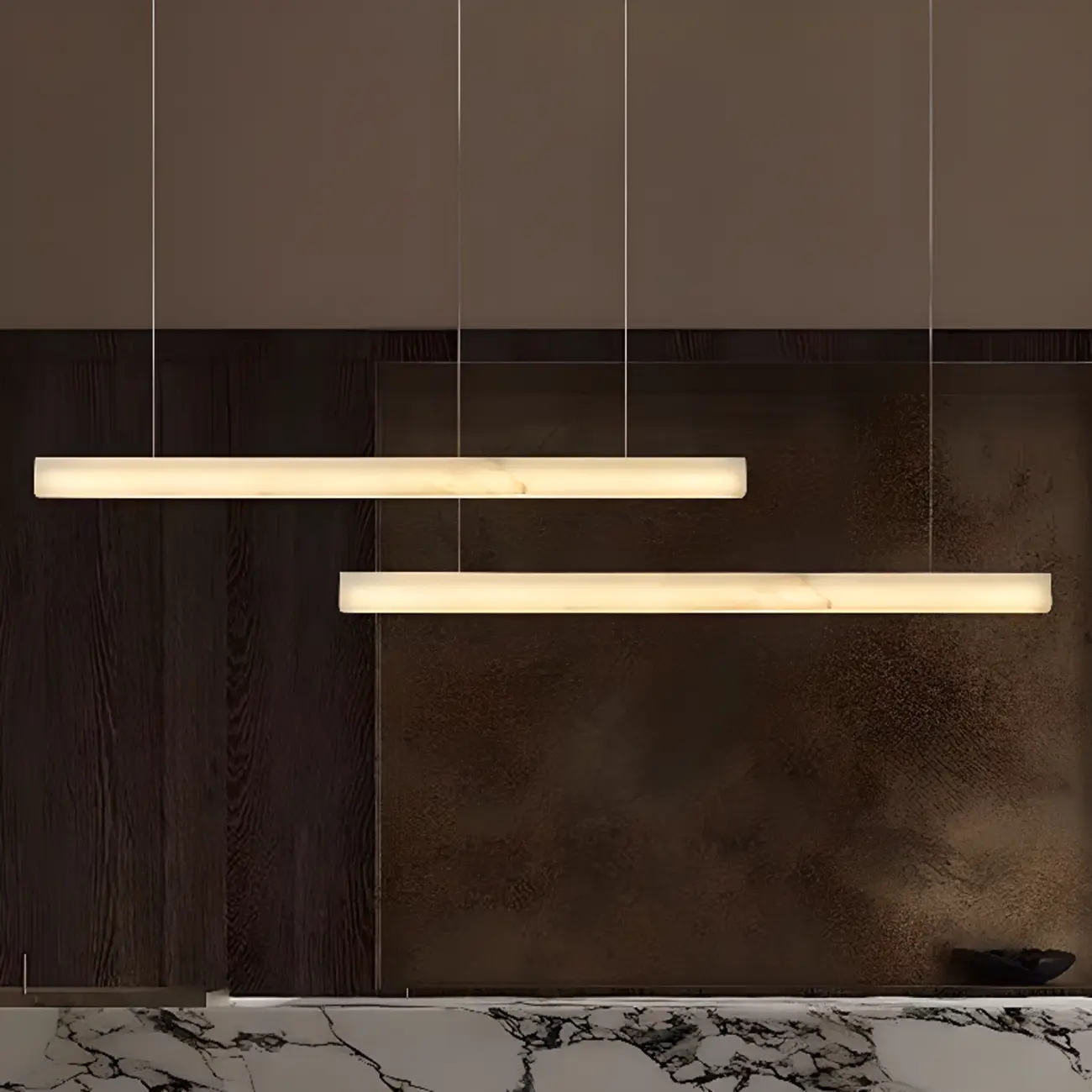 White Rectangle Stone LED Hanging Island Light