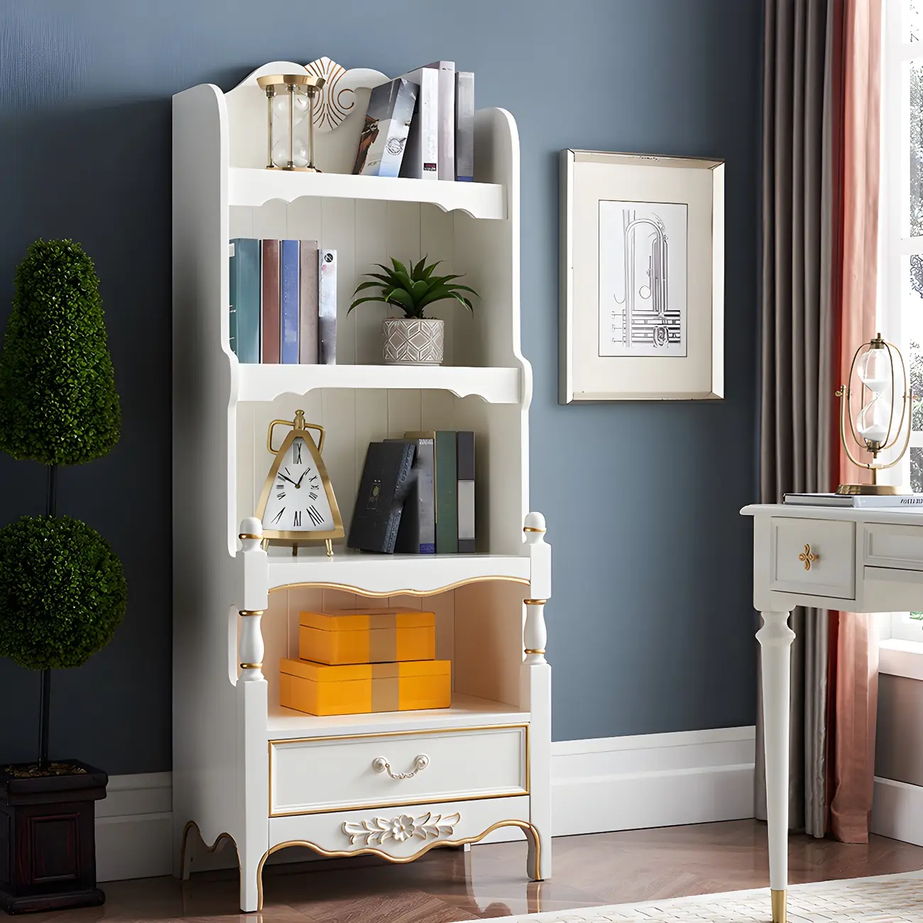 Classic Brown/White Wooden Bookcase with Drawer
