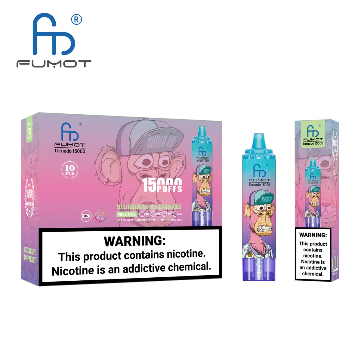 Fumot Tornado 15000 Blueberry Raspberry – 10er-Displaybox mit Einweg-Vape und Einzelpackung