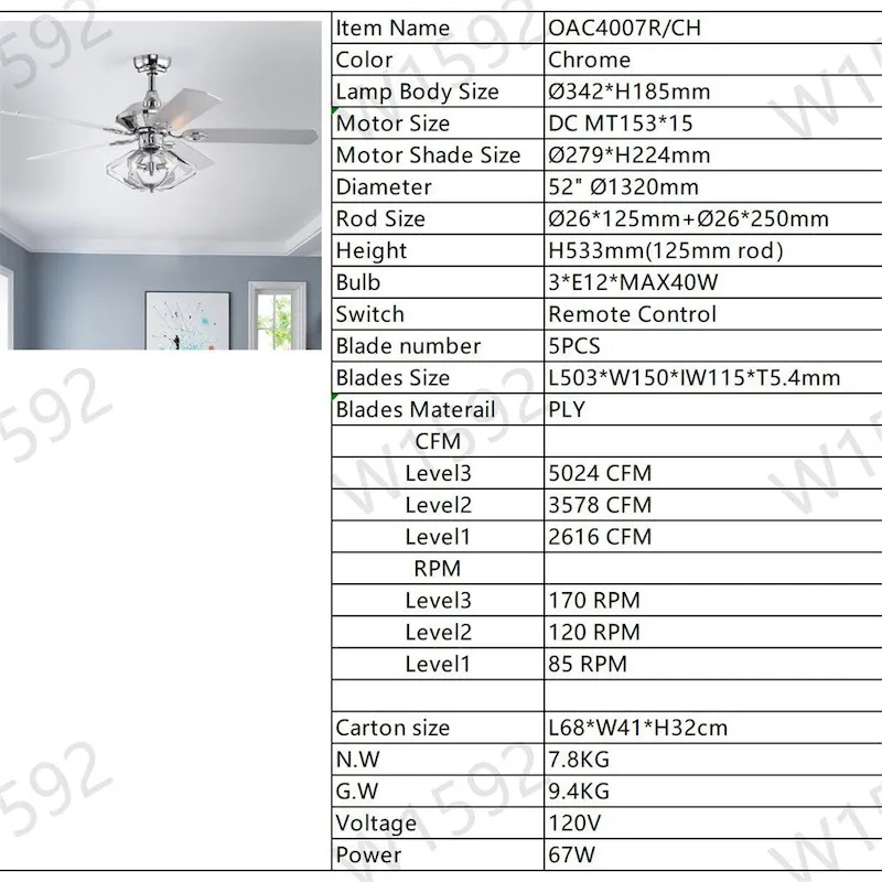 3 Speed Crystal Ceiling Fan with Remote and Reversible Blades