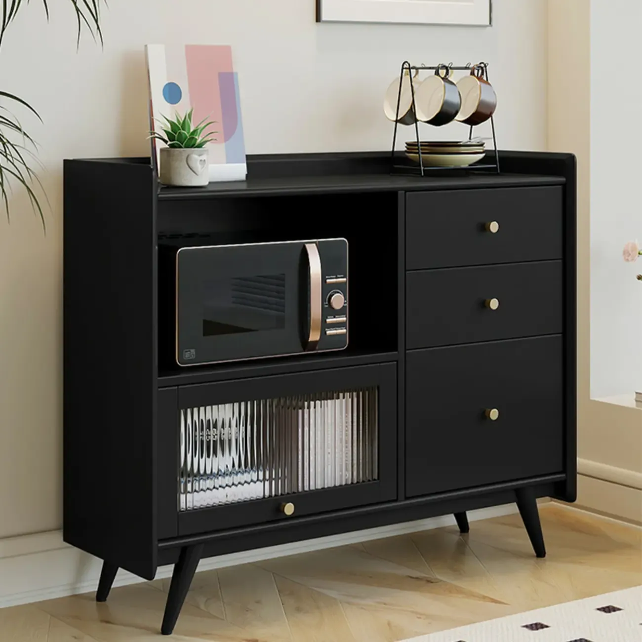 Modern Black Espresso Sideboard with Cabinets & Drawers