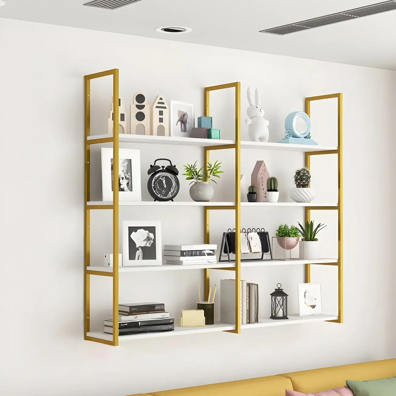 Modern Wall-Mounted Bookcase White Gold Display Shelf