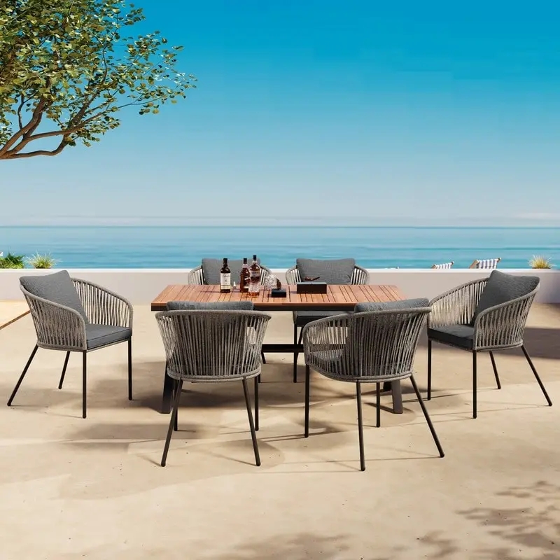7 Pieces All-Weather Patio Dining Set with Acacia Wood Tabletop and 6 Chairs