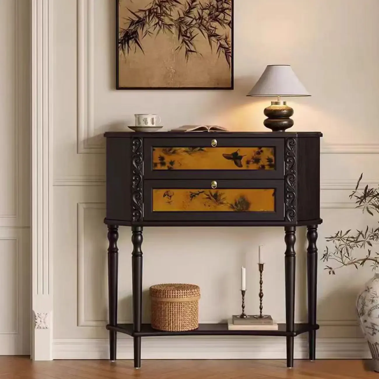 Black Wood 2-Drawer Console Table with Floor Shelf