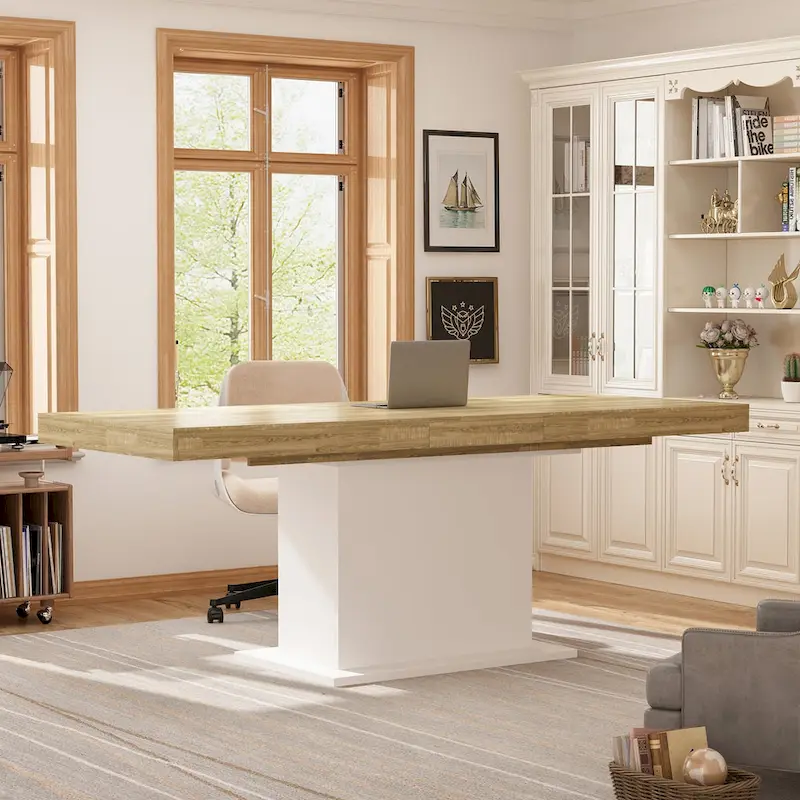 Extendable Dining Room Table Wood Finish Top Computer(Black/White)