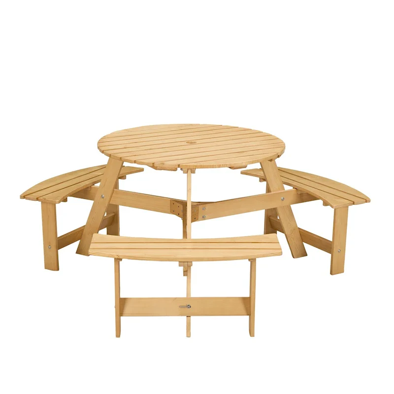 Outdoor 6 Person Picnic Table with 3 Built-in Benches and Umbrella Hole