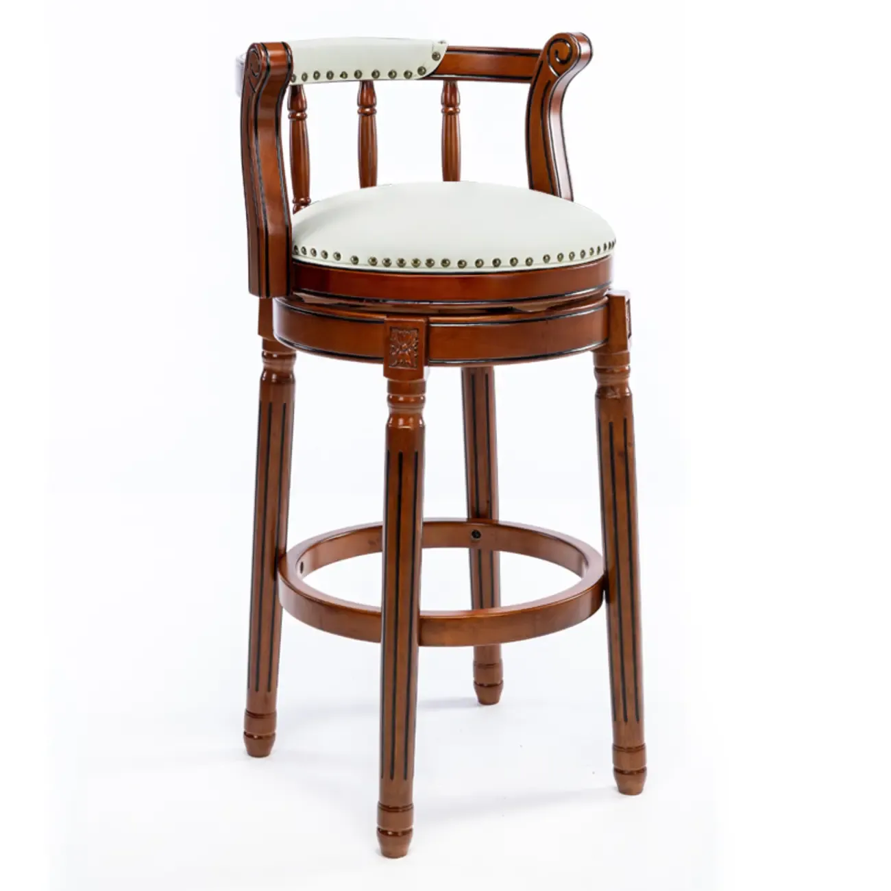 Swivel Counter Height Bar Stools in Genuine Leather & Walnut Solid Wood