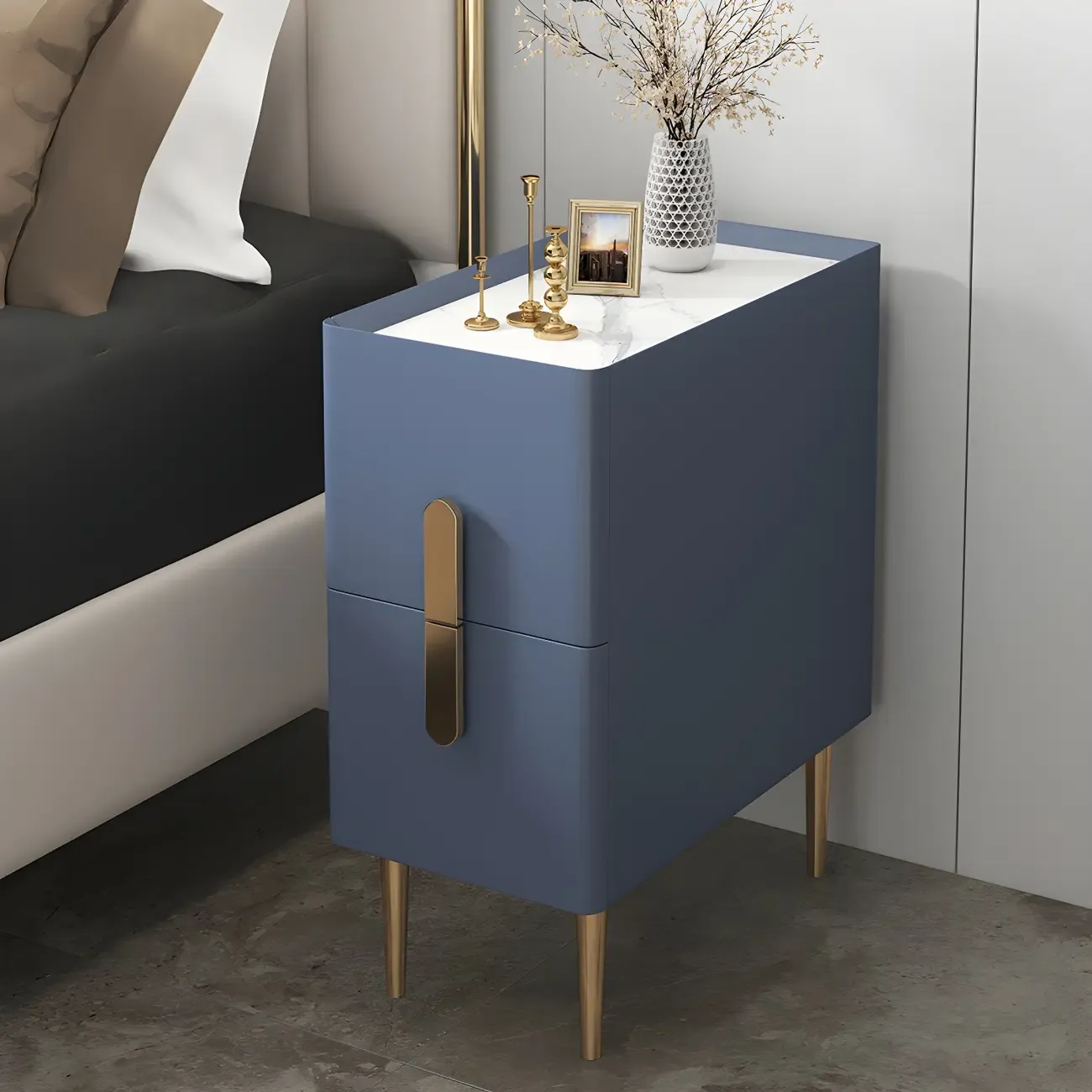 Modern Stone Countertop Faux Leather Nightstand with 2 Drawers