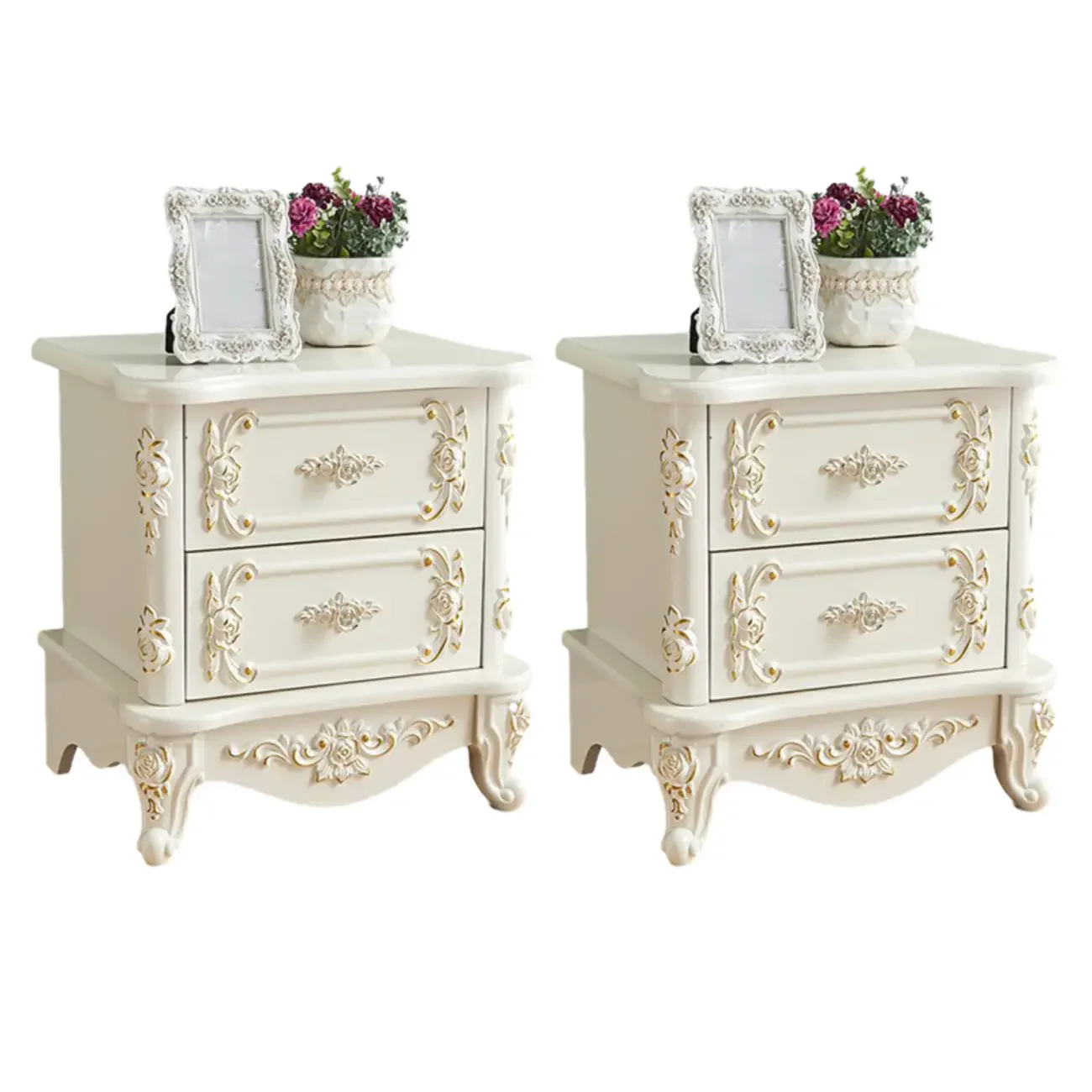 Traditional White Wood Carved 3-Drawer Nightstand