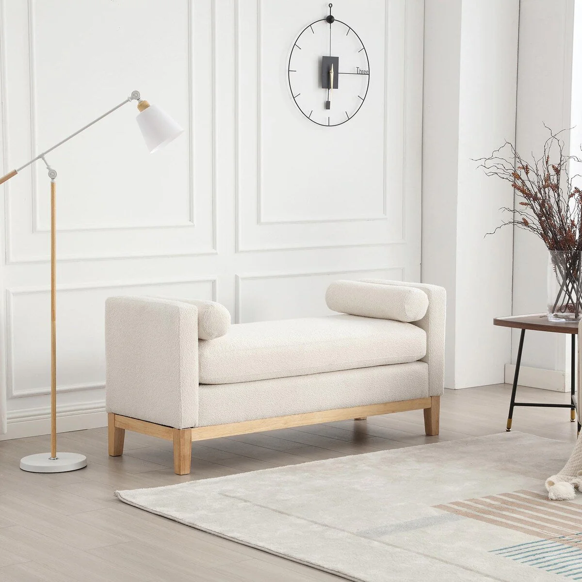 Elegant 53.5 Upholstered Ottoman Bench with Wood Legs & Bolster Pillows