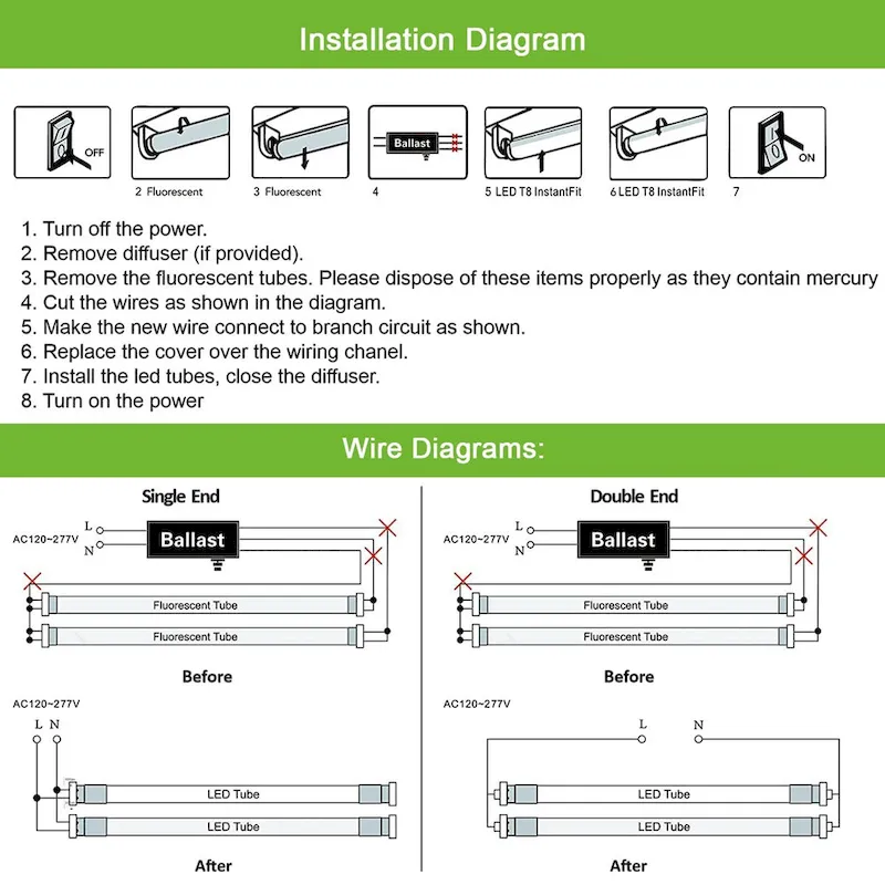 Luxuries 4FT LED T8 Ballast Bypass Type B Light Tube, 18W, Single-Ended & Dual-Ended Connection, 2300lm, 5000K, 12 Pack - 12pcs