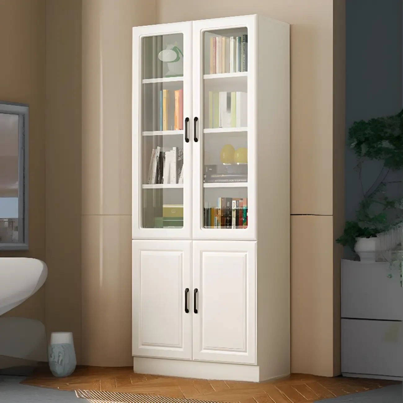 Classic White Vertical Wood Display Bookcase with Cabinet