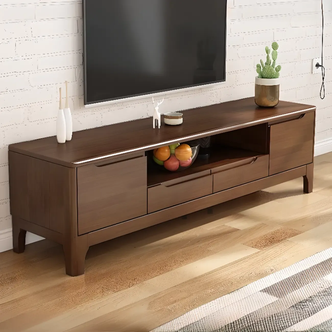 Durable Natural Wooden TV Stand with Cable Management