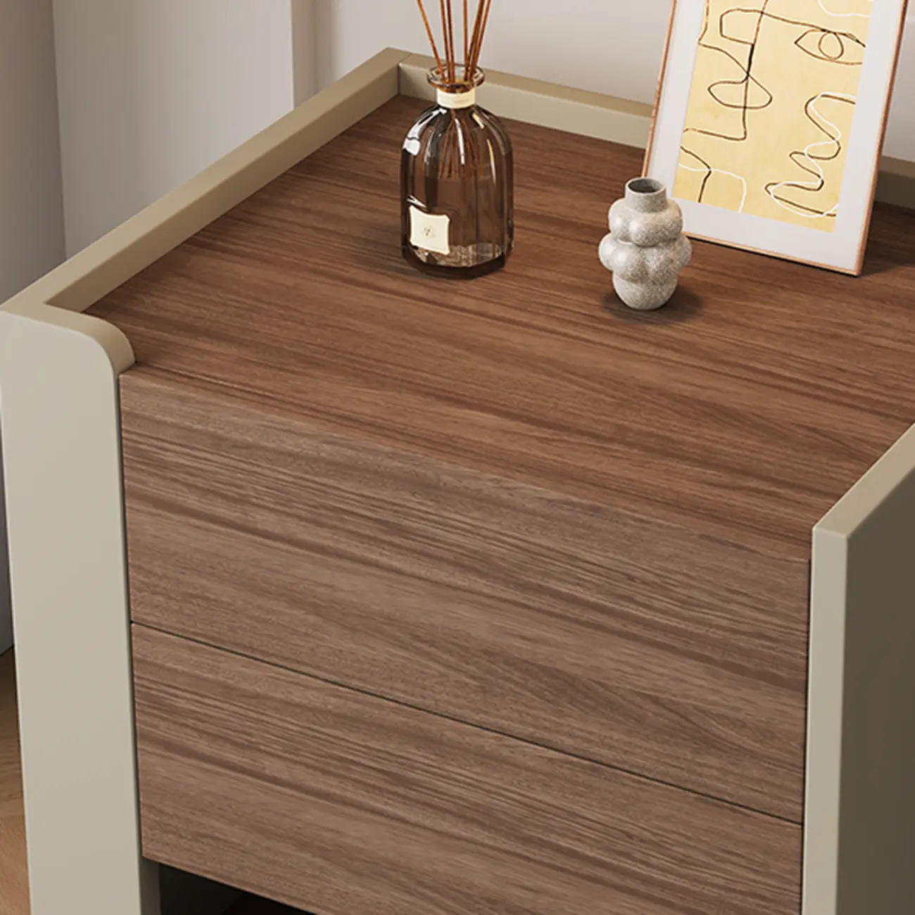 Modern Brown Grey Pine Wood 2-Drawer Nightstand