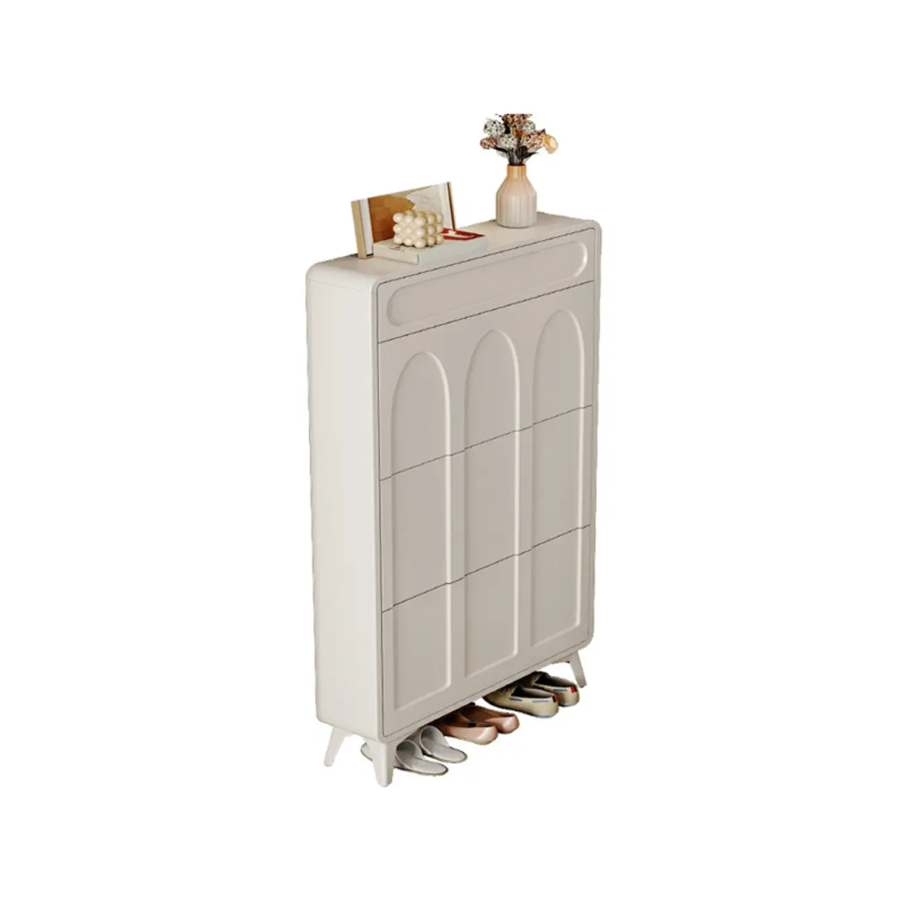 Vertical Slim White Wooden Drop Front Shoe Cabinet