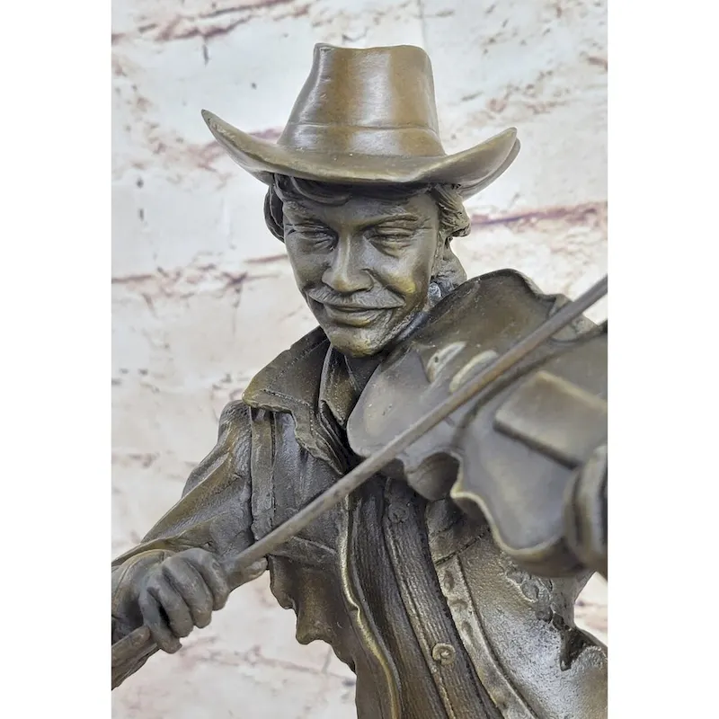 Cowboy Playing Violin Fiddle Music Bronze Sculpture Marble Statue Figurine