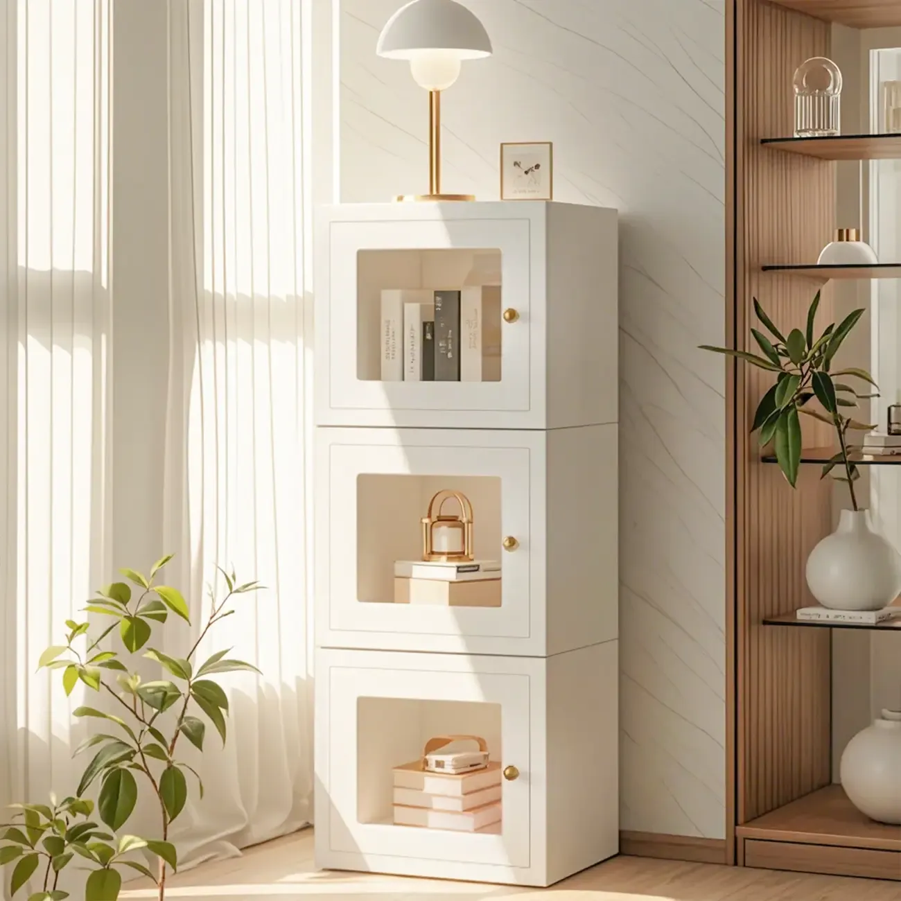 Small White Rectangular Storage Cabinet with Glass Door