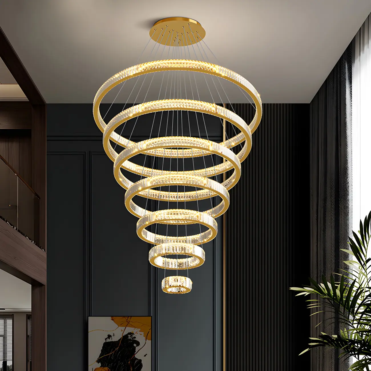 Gold Spiral Ring Crystal Tier Chandelier Modern Remote LED