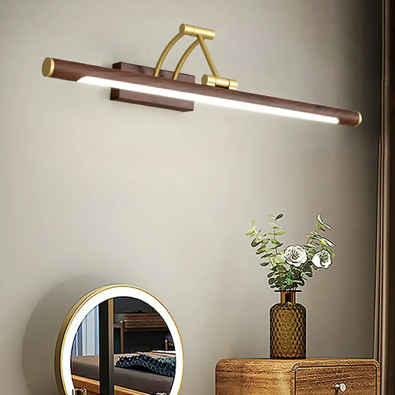 Modern Wood LED Tubular Vanity Light with Swing Arm