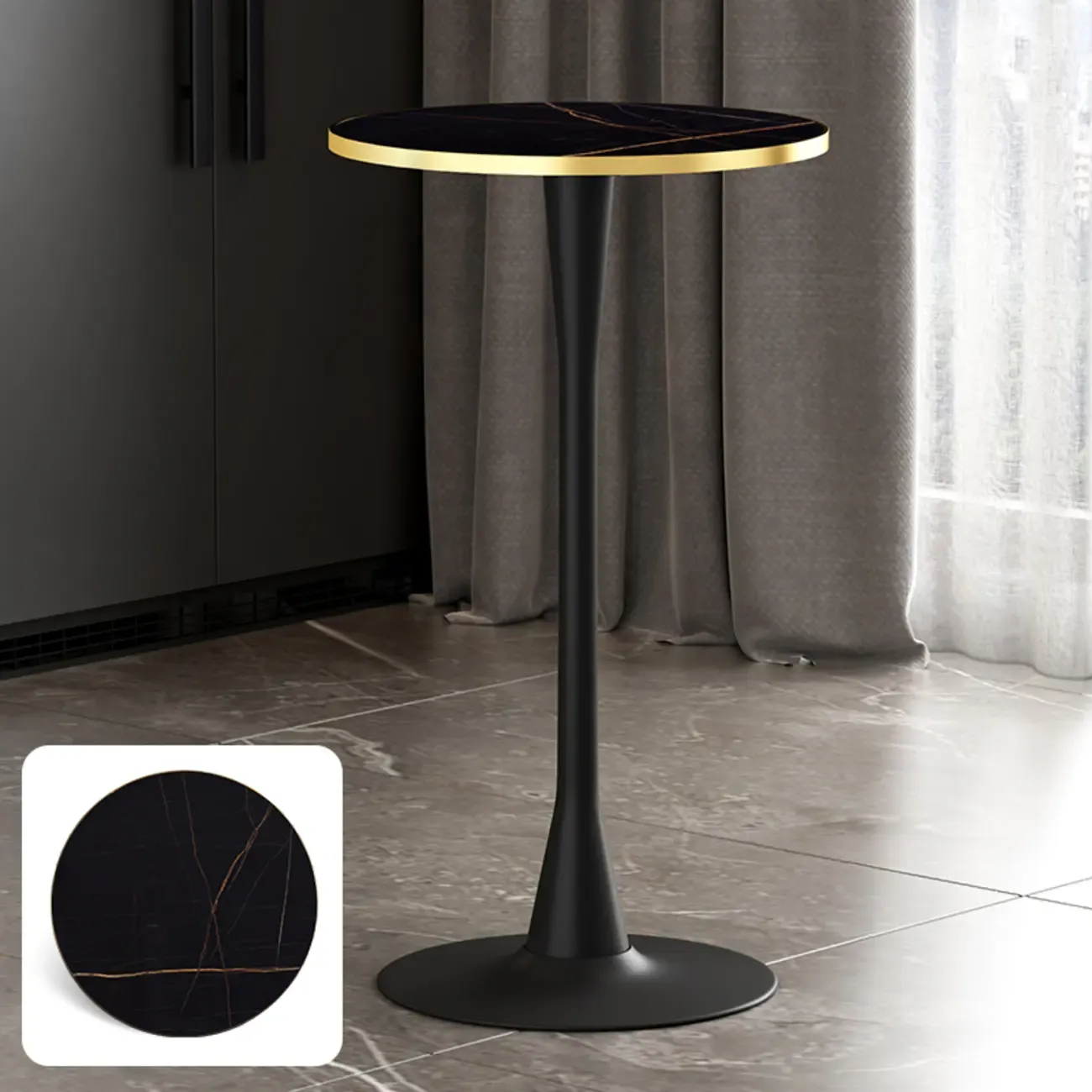 Modern Matte Black Metal Pedestal Round Wood Bar Tables
