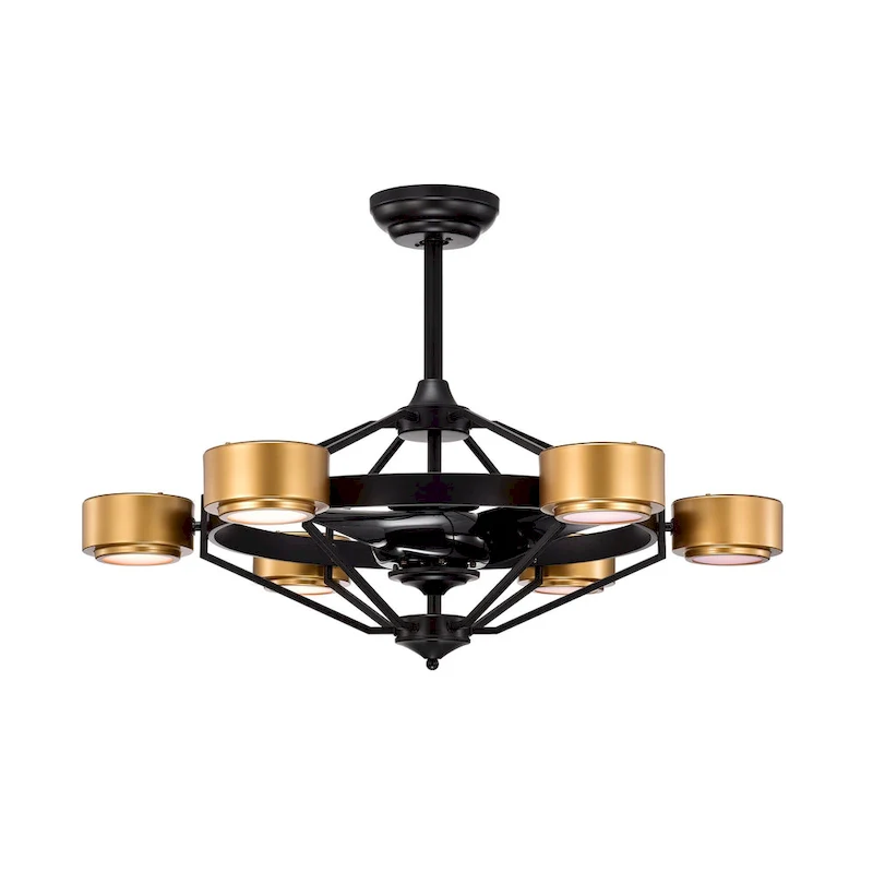Larissa Matte Ceiling Fan Black+Gold 37-Inch 6-Light Open Metal Cage (Includes Remote)