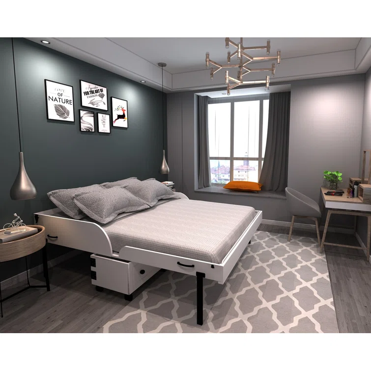 Space-saving rolling cabinet bed in closed position