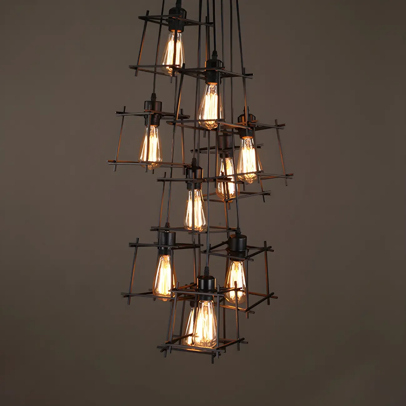 Large 10-Light Black Caged Industrial Pendant Chandelier