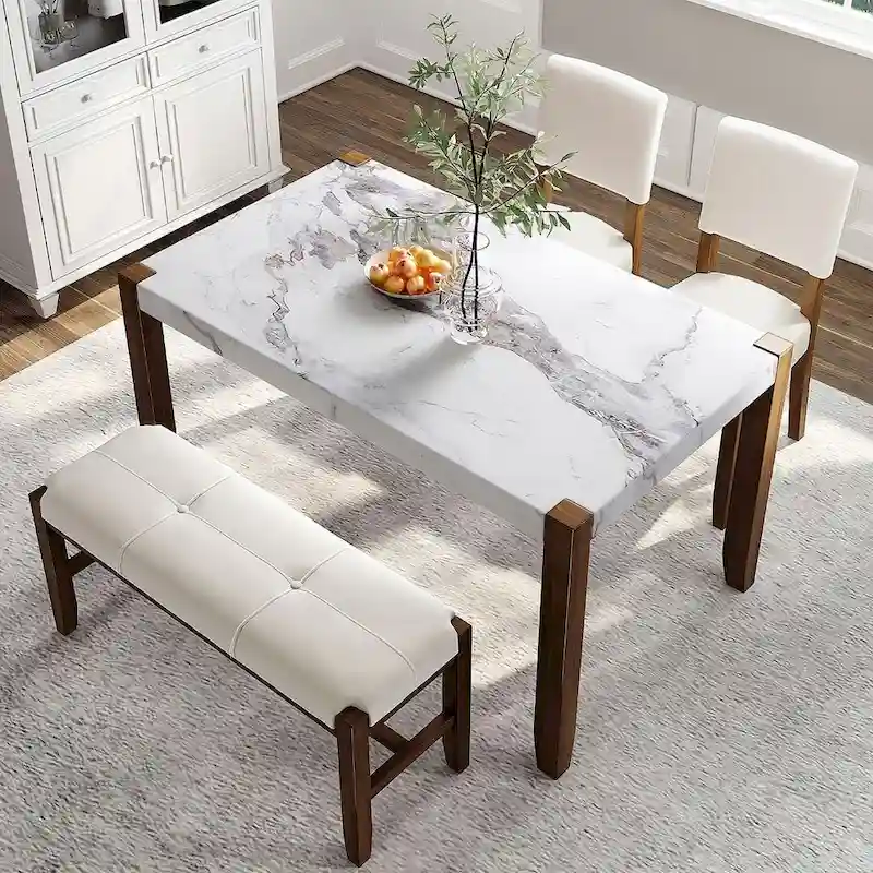 4-piece Dining Set with Faux Marble Style Table and 2 Upholstered Chairs & Bench with Wood Legs