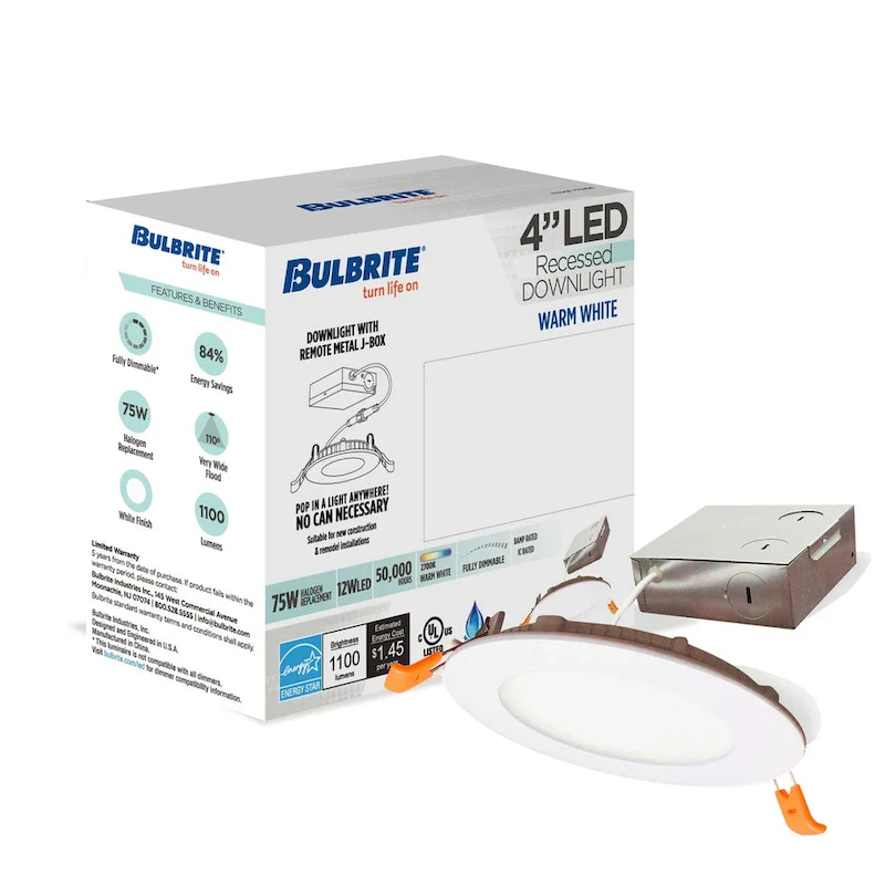 Bulbrite Pack of (4) 12 Watt LED 4  Round Recessed Downlight Fixture with Metal J-Box, 2700 Warm White Light, 1100 Lumens
