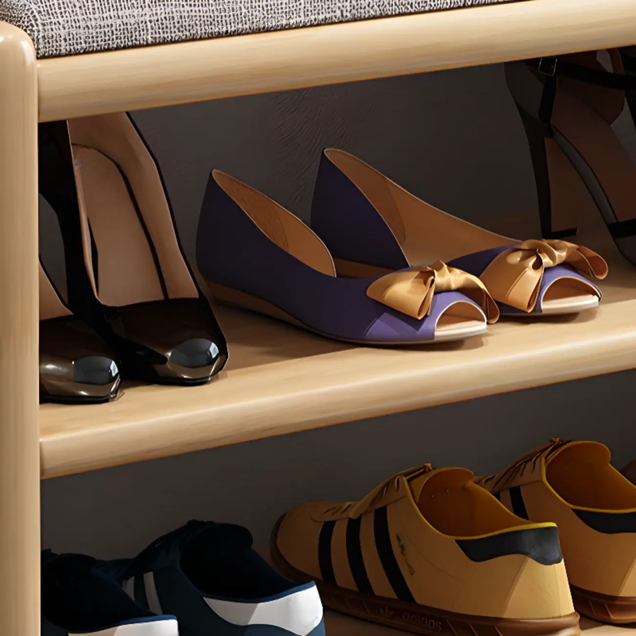 Scandinavian 2-Tier Upholstered Wood Shoe Rack Bench