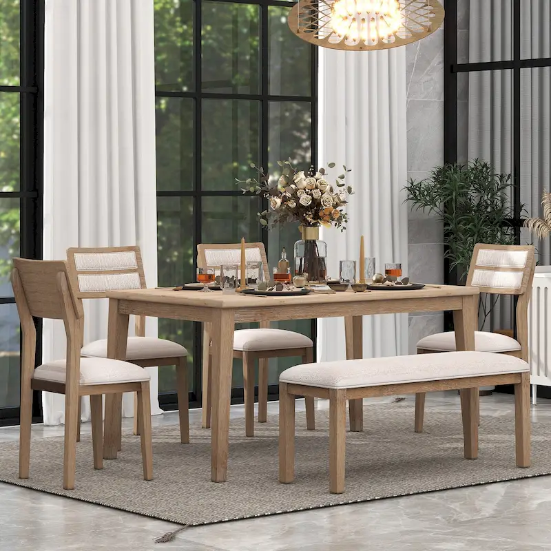 6-Piece Wooden Dining Table Set with 4 Chairs & Bench